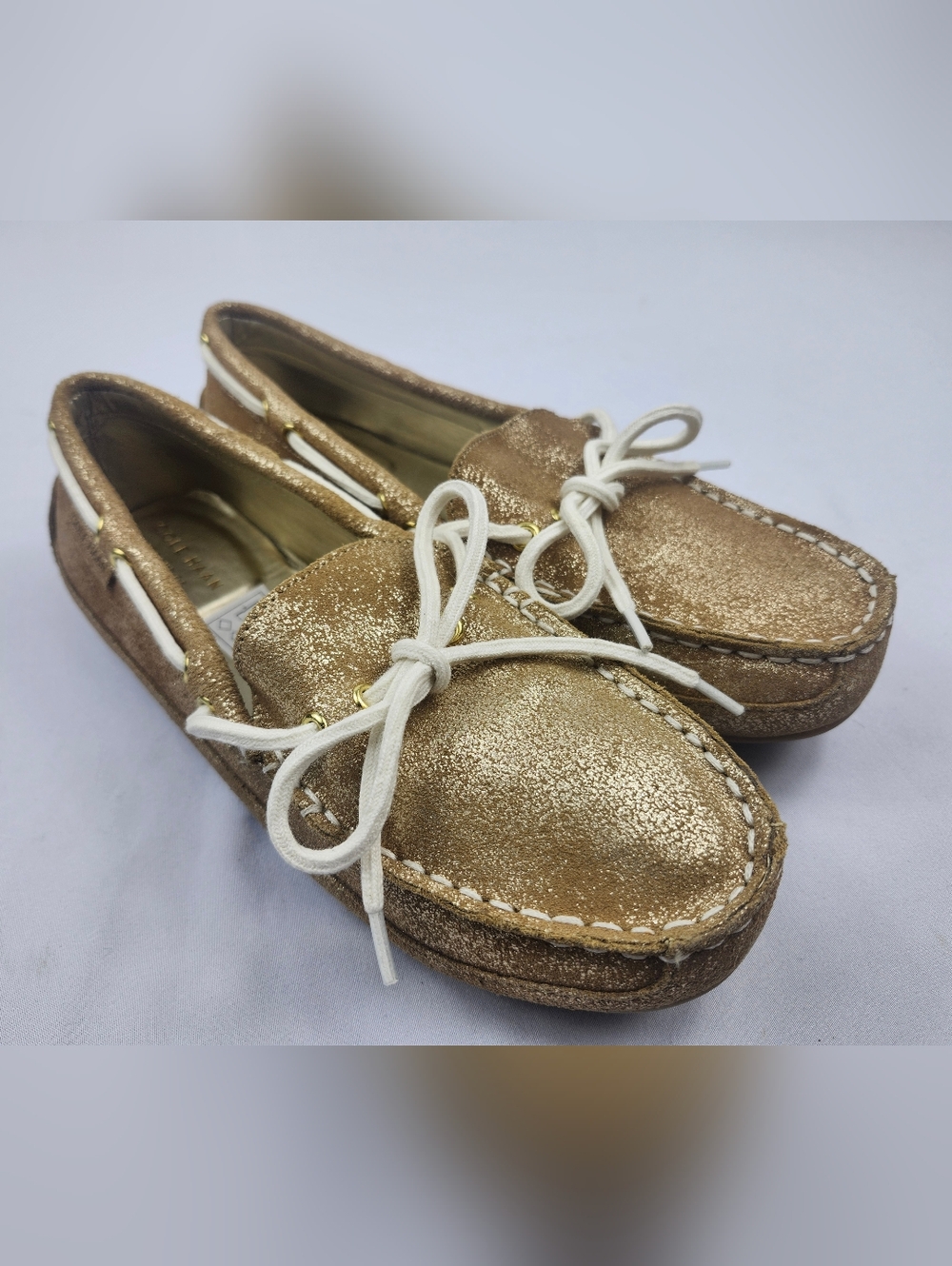 Cole Haan Metallic Gold Boat Shoes with White Laces Womens Size 5 M NEW